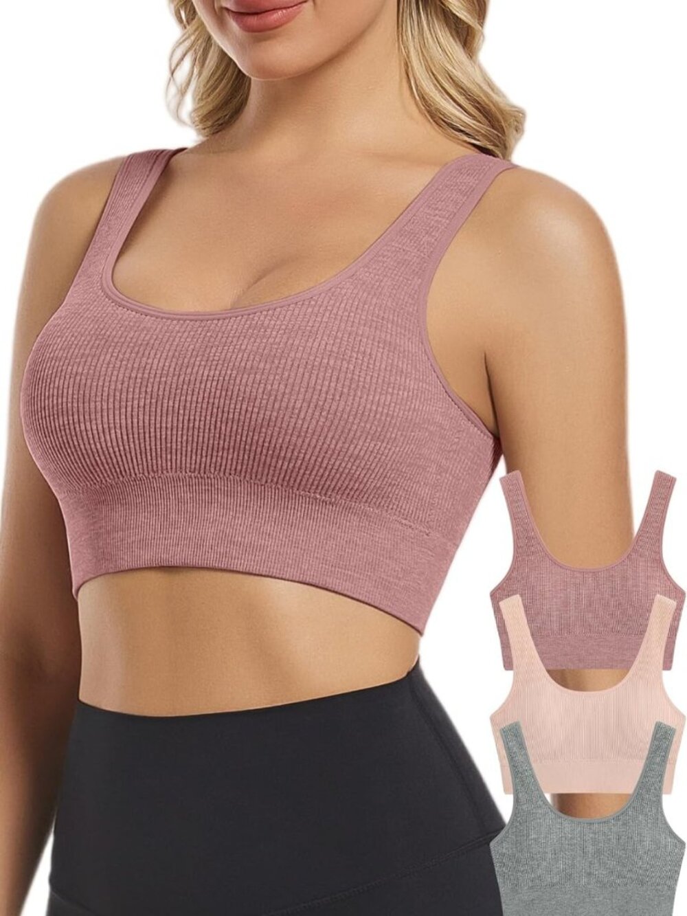 Pack of 3 Seamless Ribbed Sports Bras for Women - Comfortable & Stylish